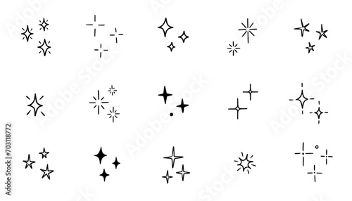 Hand drawn star sparkle shine of doodle set. Star shine twinkle glow, spark glitter, magic party light vector illustration. Hand drawn sketch doodle style line sparkle elements photo