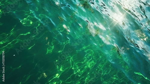 Sunbeams pierce through the clear green waters of the sea, creating a tranquil and mesmerizing pattern on the surface.