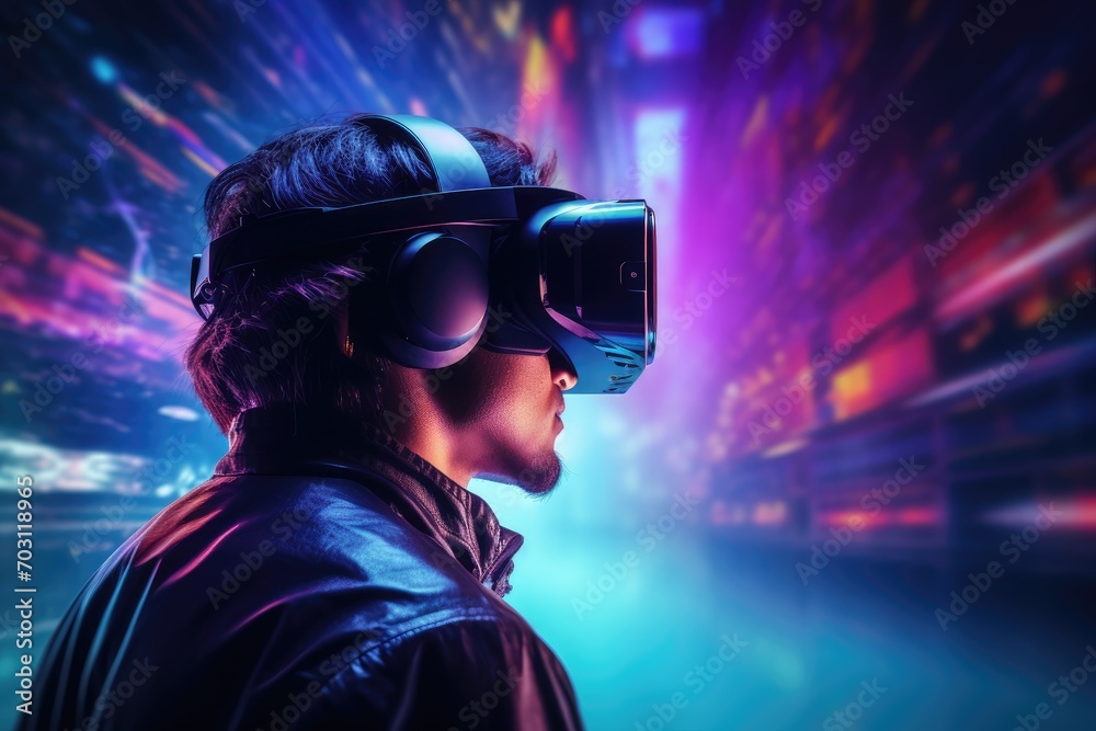 Young man wearing virtual reality goggles. Virtual reality concept. 3D Rendering, Rear view of a man wearing a virtual reality headset, presented in 3D rendering, AI Generated Young man wearing virtual reality goggles. Virtual reality concept. 3D Rendering, Rear view of a man wearing a virtual reality headset, presented in 3D rendering, AI Generated