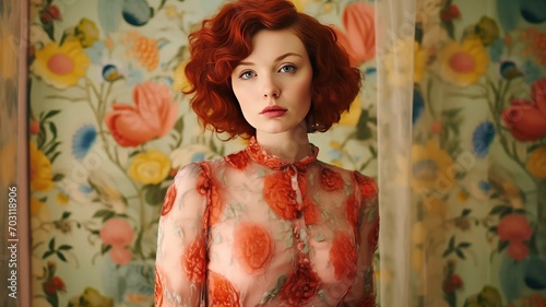 Woman in 50's style dress, flower wallpaper background