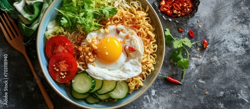 Indonesian popular instant fried noodle dish with sunny side egg, tomato, cucumber, lettuce, and chili.