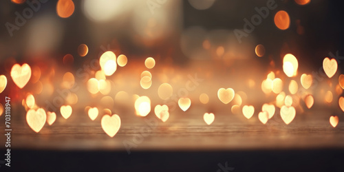 Heart-shaped bokeh lights create a warm  romantic atmosphere on a rustic wooden surface  perfect for Valentine s Day.
