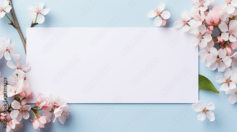 A blank white card framed by delicate cherry blossoms on a pastel blue background, ideal for springtime messages.