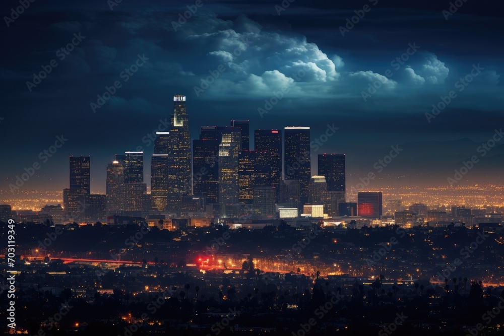 Fototapeta premium Night view of Los Angeles skyline, California, United States of America, Los Angeles at night, AI Generated