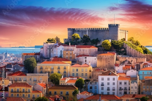 Panoramic view of Porto old town at sunset, Portugal, Lisbon aerial skyline panorama European city view on Marques Pombal Square monument, AI Generated photo