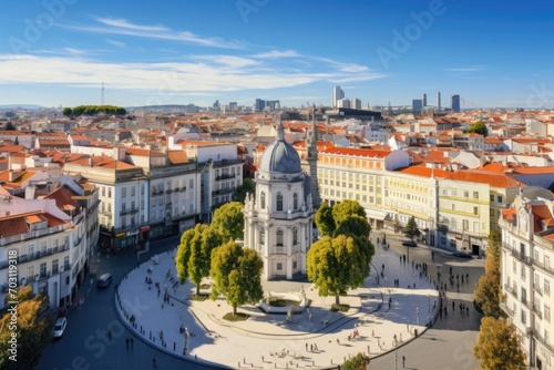 Lisbon, Portugal. Panoramic view of the city, Lisbon aerial skyline panorama European city view on Marques Pombal Square monument, AI Generated
