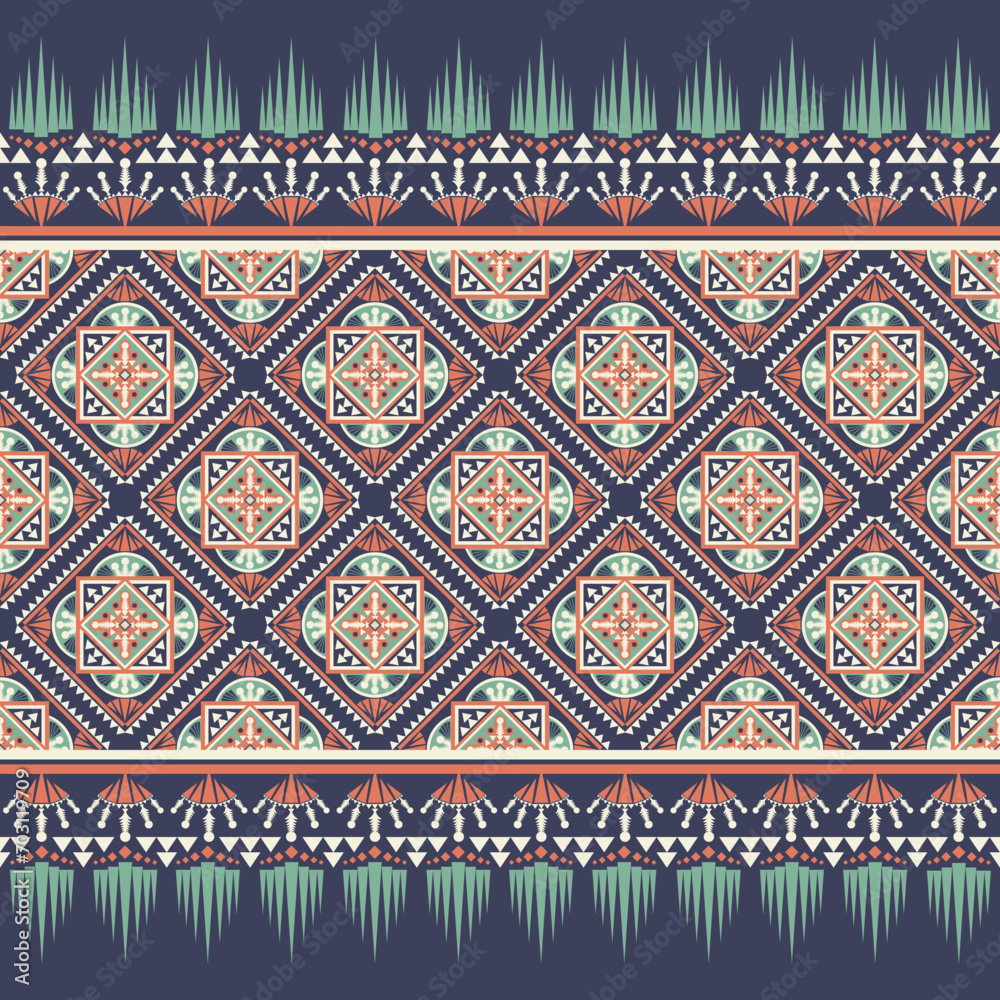 Ethnic Geometric Pastel Orange Blue Dark Background Abstract Oriental Motif Seamless Pattern Present for background, rug, wallpaper, wrapping, cloth, fabric, textile, decorative, embroidery