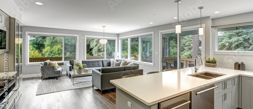 Kitchen in new luxury home with sliding glass doors, waterfall island, hardwood floors, stainless steel appliances, and couch.