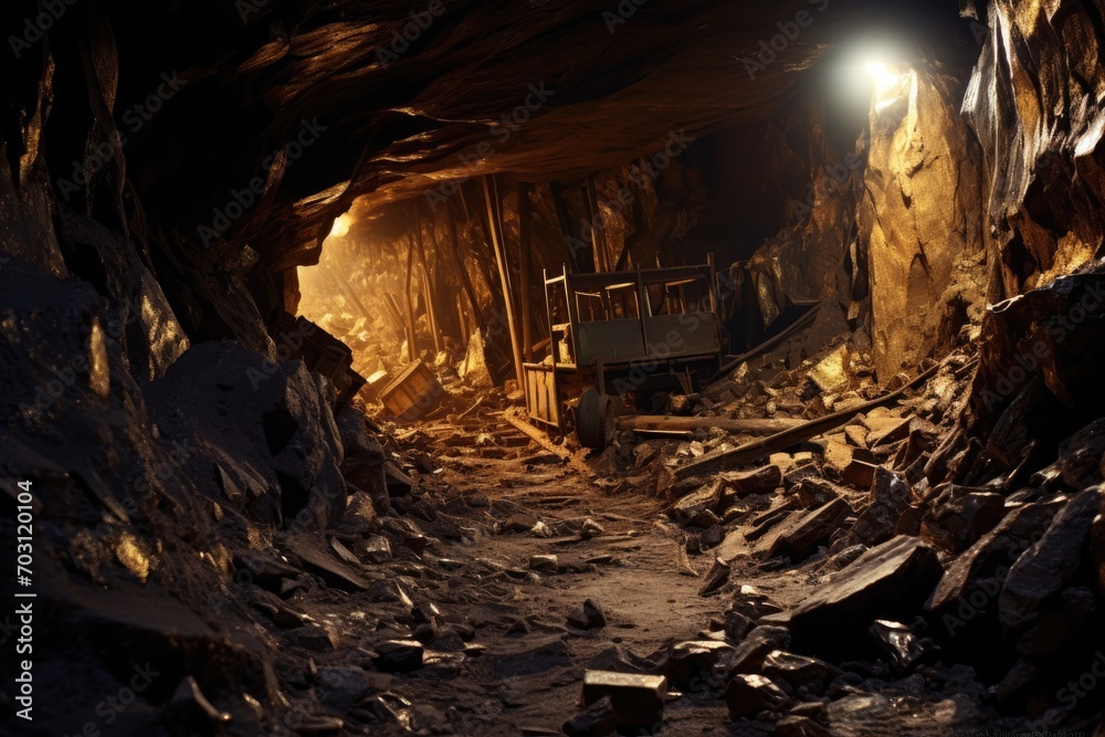 Interior of an old abandoned mine in the Carpathians, Mining gold, AI Generated Interior of an old abandoned mine in the Carpathians, Mining gold, AI Generated