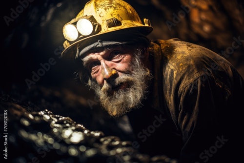 Portrait of a miner in the mine. Dark background. Selective focus, Mining gold, AI Generated