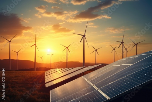 Solar panels and wind turbines at sunset. Alternative energy source. 3D rendering, Modern wind turbines and solar panels in the sunset light, Concept eco green renewable energy, AI Generated