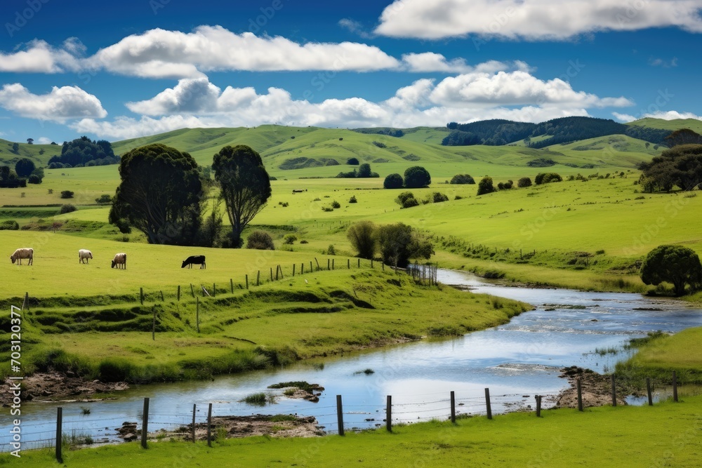 Beautiful landscape in South Island, New Zealand. Rural scene, New Zealand, North Island, Waikato Region, Rural landscape near Matamata, AI Generated