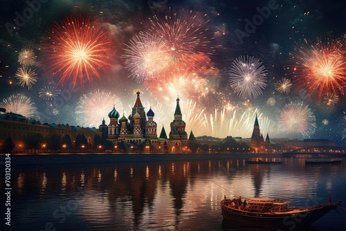 Fireworks over the Kremlin and St. Basil's Cathedral, Moscow, Russia, Moscow fireworks, AI Generated