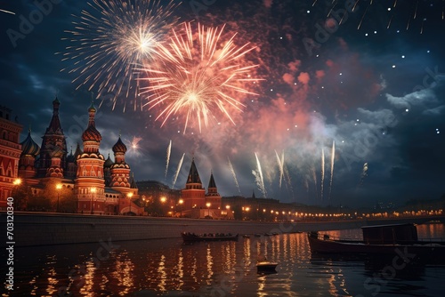 Fireworks over the Kremlin at night, Moscow, Russia. Elements of this image furnished by NASA, Moscow fireworks, AI Generated