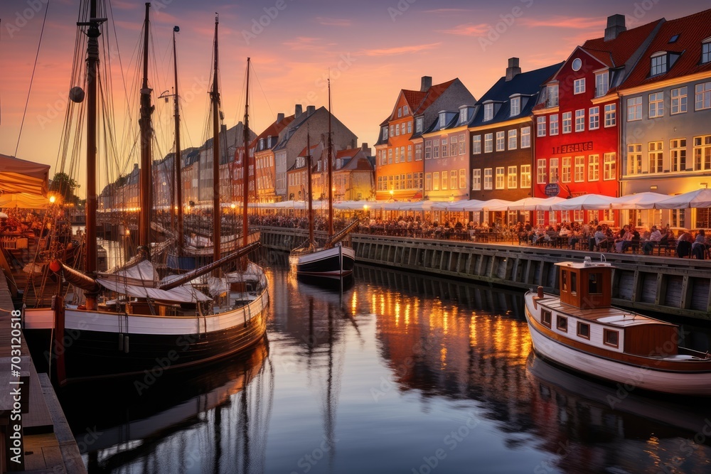 Nyhavn is one of the most popular tourist destinations in Copenhagen, Nyhavn at the golden hour, Copenhagen, Denmark, AI Generated