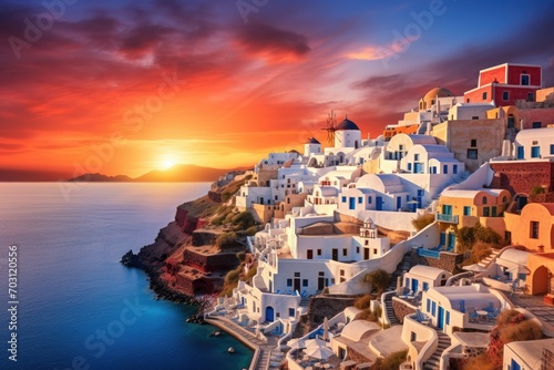 Oia village on Santorini island at sunset. Greece, Europe, Oia Sunset, Santorini island, Greece, AI Generated