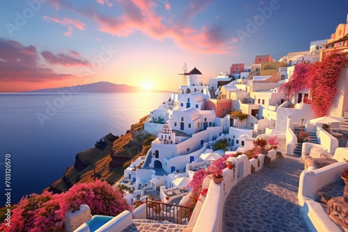 Santorini, Greece. Picturesque view of Oia village at sunset. Beauty world, Oia at sunset in Santorini, Greece, AI Generated