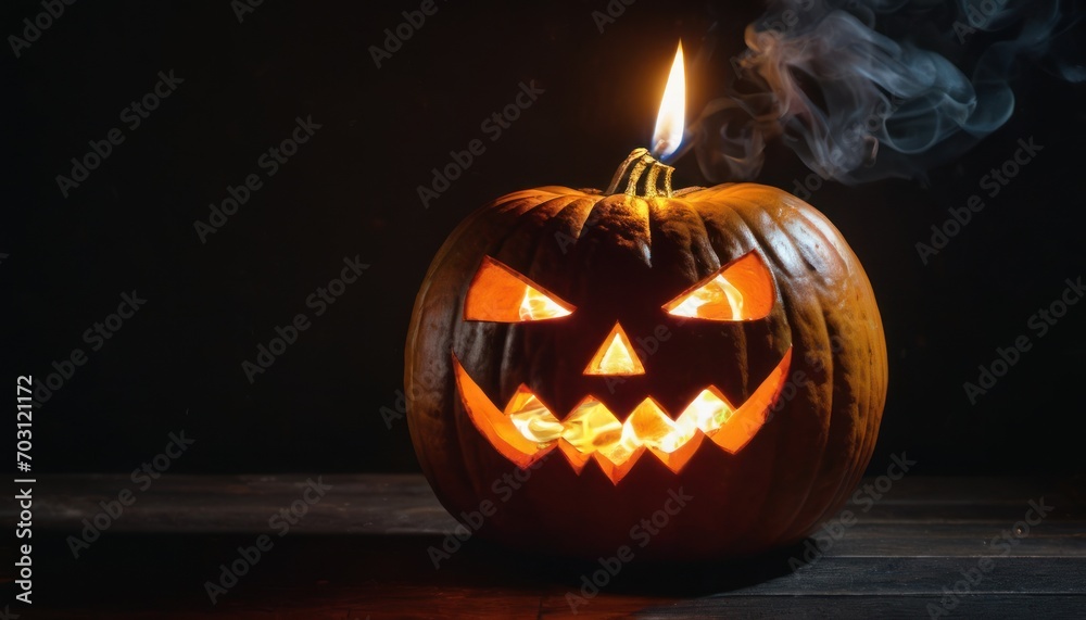 a lit jack - o - lantern with smoke coming out of it's mouth and a lit candle sticking out of it's mouth, on a dark background. a lit jack - o - lantern with smoke coming out of it's mouth and a lit candle sticking out of it's mouth, on a dark background.