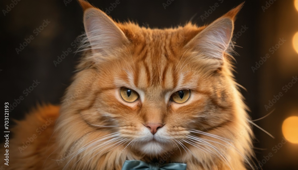  a close up of a cat wearing a bow tie with a blurry background of boke of lights in the foreground and a blurry boke of lights in the background.