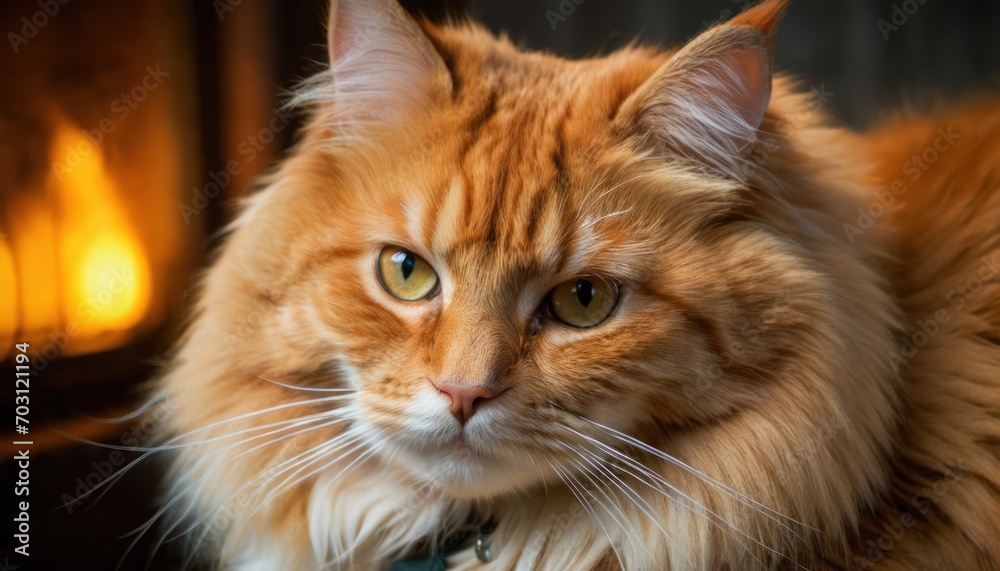  a close up of a cat with a collar around it's neck and a fire place in the background with a fire place in the middle of the background.