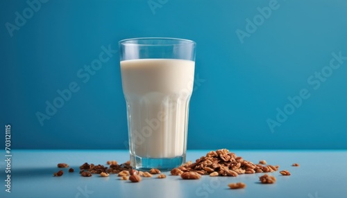  a glass of milk sitting on top of a table next to a pile of walnuts on top of a table next to a glass of milk on a blue surface.