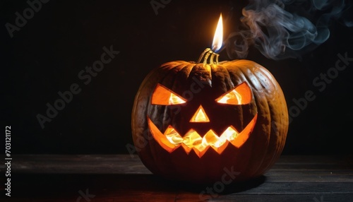  a lit jack - o - lantern with smoke coming out of it's mouth and a lit candle sticking out of it's mouth, on a dark background.