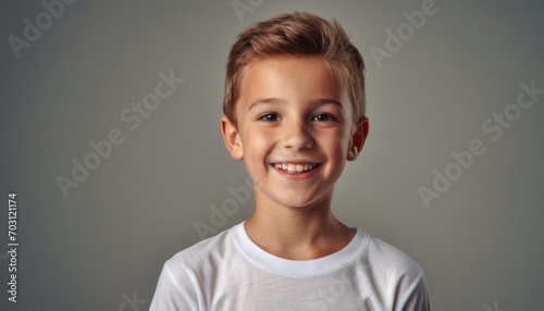  a young boy wearing a white t - shirt smiles at the camera with a smile on his face as he stands in front of a gray background with a gray backdrop. photo