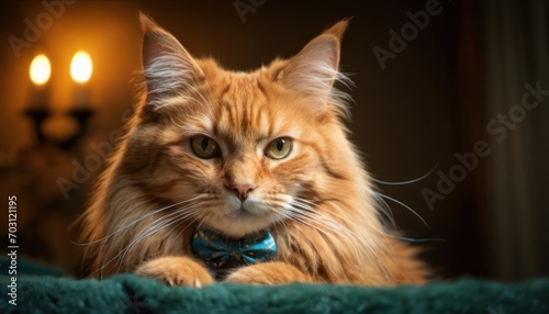  a close up of a cat laying on a bed with a light on the wall in the background and a candle in the corner of the room in the background.