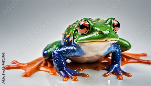  a green and blue frog sitting on top of a puddle of orange and blue paint on it's legs, with its eyes wide open, on a white background.