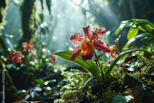 Exotic and Rare Orchid Background deep within a Tropical Rainforest - The Flower exhibits an intricate Pattern of Vibrant Colors and Unique Shapes created with Generative AI Technology