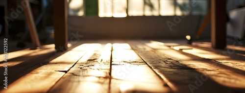 Strong early morning sun ray s coming thru windows on an old wooden empty floor - Generative ai 