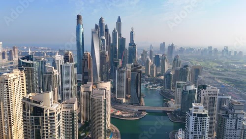 Aerial view of Dubai Marina. Dubai Marina is an affluent residential neighborhood known for The Beach.