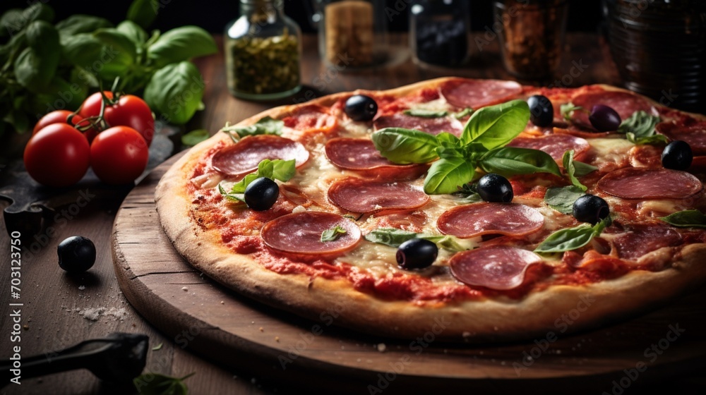 pizza with salami tomatoes and olives