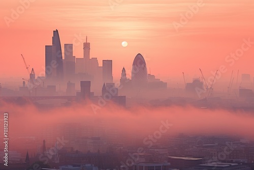 Aerial view of London skyline at sunrise with fog. UK, Photo of London skyline at sunrise, AI Generated