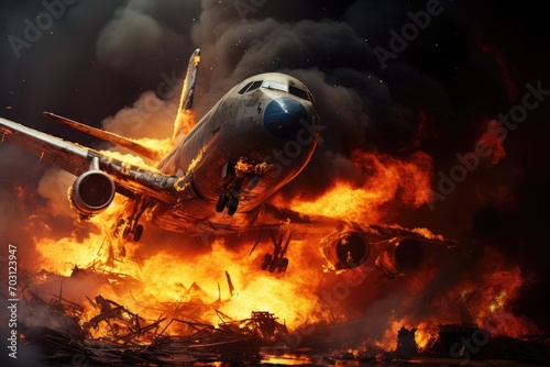 Airplane in the fire on a dark background. Collage, Plane crash, plane on fire and smoke, AI Generated photo