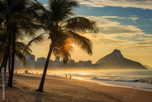 Palm trees on the beach at sunrise, Rio de Janeiro, Brazil, Palms and Two Brothers Mountain on Ipanema beach, Rio de Janeiro, AI Generated