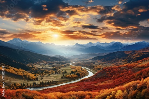 Colorful autumn landscape in the Carpathian mountains. Ukraine, Europe, Panoramic mountain autumn landscape, AI Generated