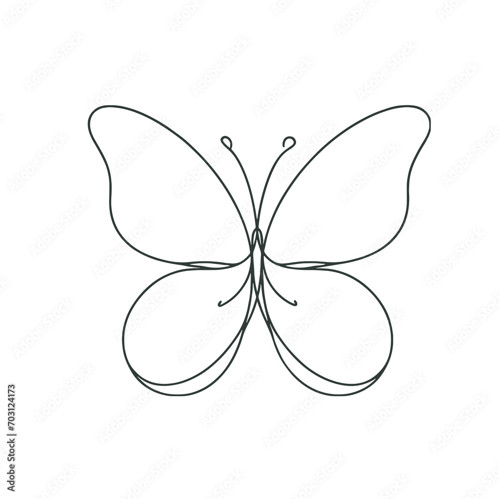 Continuous contour of butterfly in one line, simple vector sketch Continuous contour of butterfly in one line, simple vector sketch