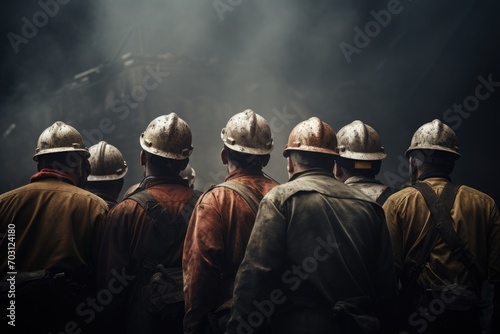 Firefighters in the smoke. Firemen in the fire fighting, Rear view of a group of mine workers wearing helmets, AI Generated