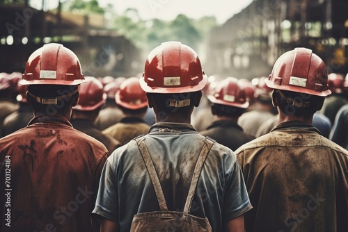 Rear view of a group of workers at a construction site, Rear view of a group of mine workers wearing helmets, AI Generated photo