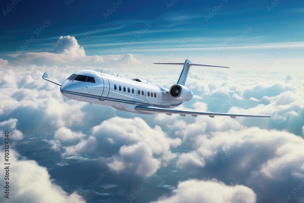 Airplane flying in the blue sky with clouds. 3d rendering, Private jet flying over the earth, with an empty blue sky and white clouds in the background, AI Generated Airplane flying in the blue sky with clouds. 3d rendering, Private jet flying over the earth, with an empty blue sky and white clouds in the background, AI Generated