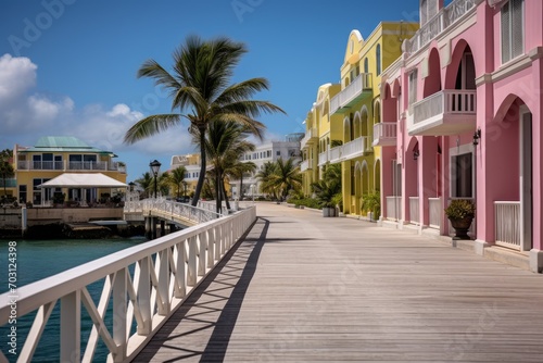 View of colorful buildings in Miami Beach, Florida, Promenade at the marina of Bridgetown, Barbados, AI Generated © Ifti Digital
