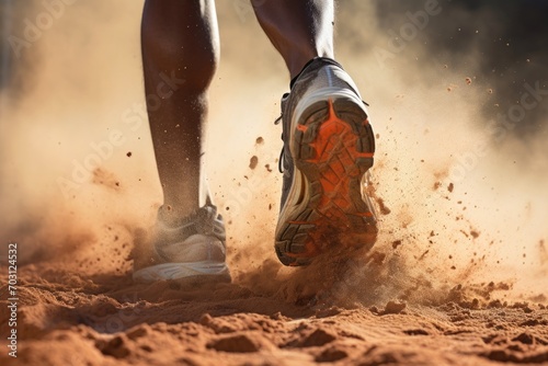 Closeup of male legs running through sand during obstacle course in boot camp, Rear view closeup sport shoe of a racer running on a trail with dust, AI Generated photo