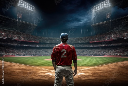 Baseball player in action on the stadium at sunset. Sports concept, Rear view of a baseball player throwing the ball on the professional baseball stadium, AI Generated © Ifti Digital