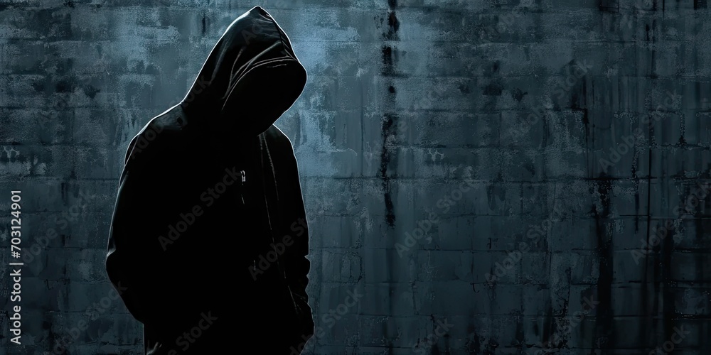 Shrouded in darkness. Unrecognizable criminal figure in hooded silhouette. Faceless threat. Mysterious man in shadows symbol of urban menace. Anonymous and dangerous unseen face of crime