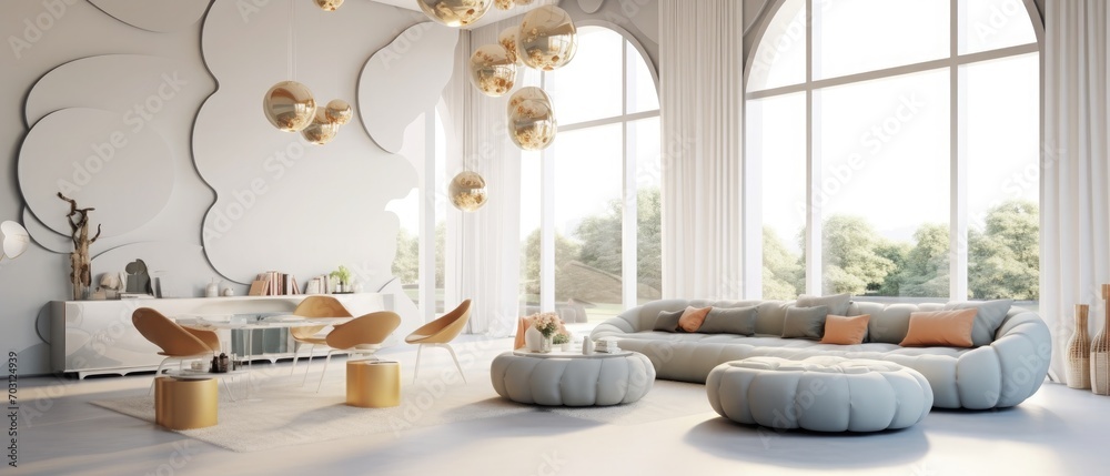 modern open-plan room interior in futuristic style in pastel colors with graphic wall decoration. very high ceilings and a huge window. soft stylish furniture with gold metallic elements