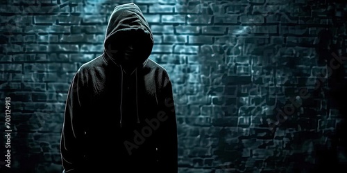 Shrouded in darkness. Unrecognizable criminal figure in hooded silhouette. Faceless threat. Mysterious man in shadows symbol of urban menace. Anonymous and dangerous unseen face of crime