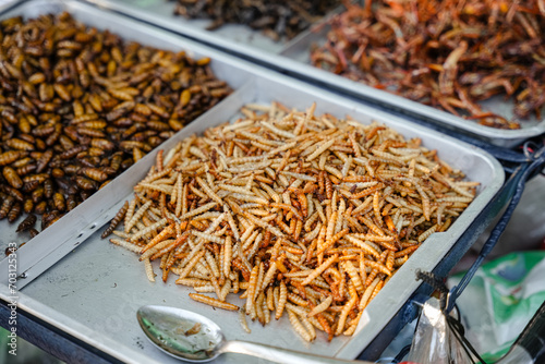 Fried insects (locust, worm, cricket, pupa, and giant waterbug) as street food on a vendor stall, Thailand.