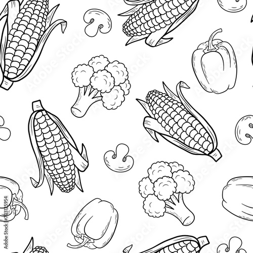 Hand drawn vector monochrome seamless pattern with broccoli, corn and pepper . Outline vegetarian organic food. Farm market product. Vegan vegetables.