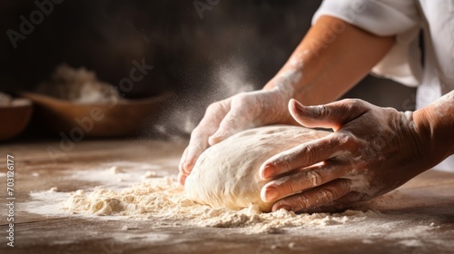 Bakers hands kneading dough for artisan fresh bread for the bakery photo